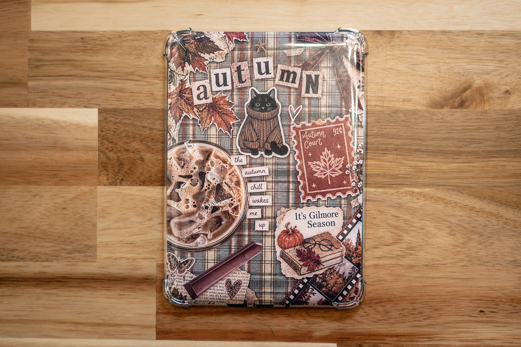 Autumn Court Kindle Insert – moody plaid design with black cat, autumn leaves, and cozy fall aesthetic