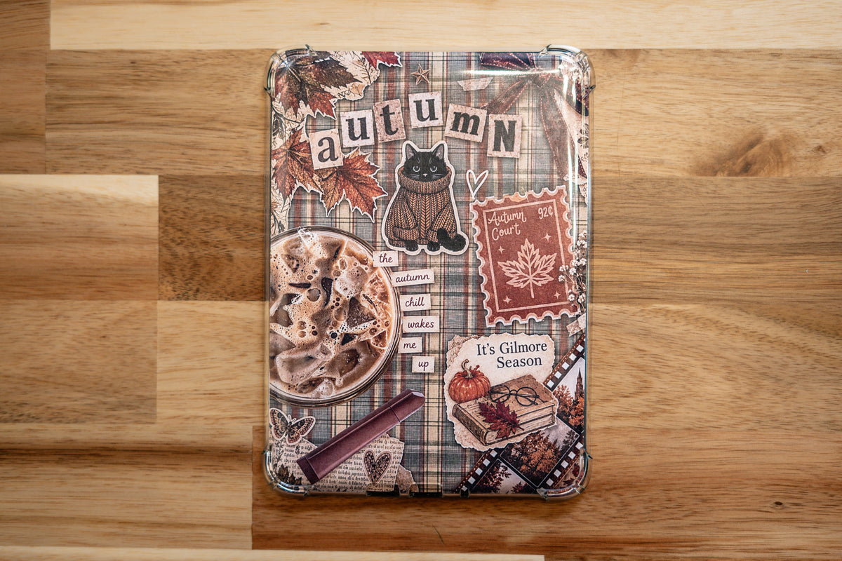 Autumn Court Kindle Insert – moody plaid design with black cat, autumn leaves, and cozy fall aesthetic
